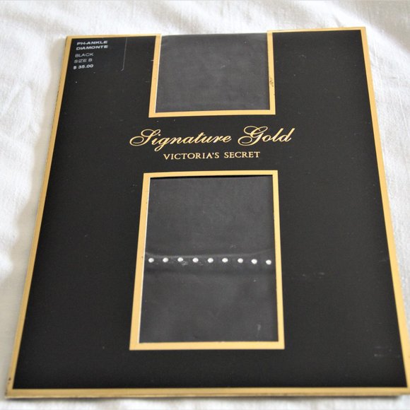 VICTORIA’S SECRET Signature Gold Ankle Diamond Black Pantyhose Size B - Picture 1 of 2